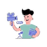 The guy holds a camera and a movie clapperboard in his hands. Blogging concept. Isolated on white background. Trendy flat style. vector