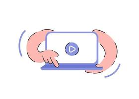 The hand is holding a laptop. Element for presentations, applications and sites. Trendy flat vector illustration.