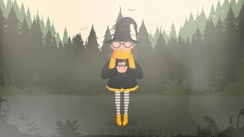 A cute witch with mulled wine is standing in the forest. Girl in black suit and hat holding a cup with hot drink. Halloween concept. . vector
