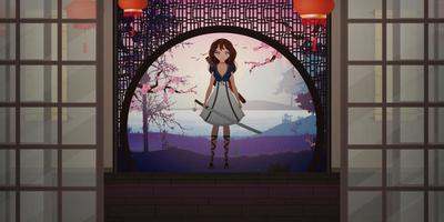 una chica con una katana con un vestido blanco en una casa japonesa viranda. anime mujer samurái. estilo de dibujos animados, ilustración vectorial.