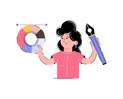The girl holds a seam circle and a feather in her hands. Designer concept. Isolated on white background. Trendy flat style. vector