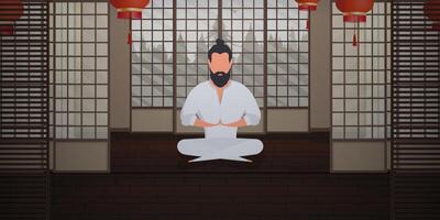 Buddhist monk in the temple meditates or practices yoga. vector