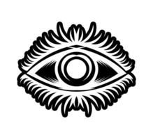 Vintage tattoo with luminous all-seeing eye, mystical symbol, boho design. Hand drawing isolated on white background, sacred geometry, foresight and magic. Vector illustration