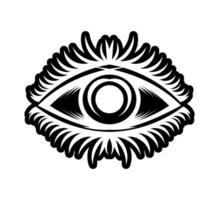 Vintage tattoo with luminous all-seeing eye, mystical symbol, boho design. Hand drawing isolated on white background, sacred geometry, foresight and magic. Vector illustration