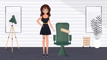 Girl shows on a vacant place. Cup in the shape of an office chair. The concept of open work. Vector.