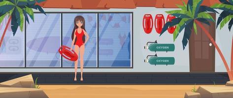 A lifeguard girl in a red swimsuit holds a board in her hands. Beach lifeguard woman. Cartoon style, vector illustration.