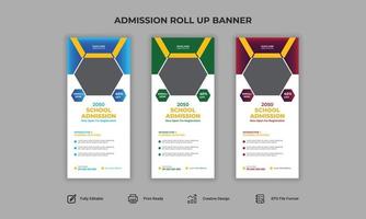 Admisión a la escuela, banner enrollable abierto y plantilla de diseño de publicación de banner de soporte. vector