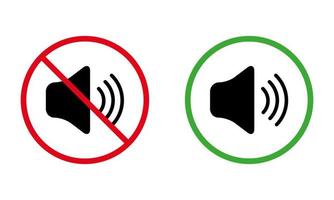 Sound Off Mute Mode Black Silhouette Icon Set. Ban Noise Notification Zone Red Forbidden Round Sign. Loud Sound Allowed Area Green Symbol. Warning Keep Silence. Isolated Vector Illustration.