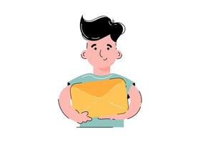 The guy is holding a letter. The concept of receiving messages. Isolated on white background. Trendy flat style. vector