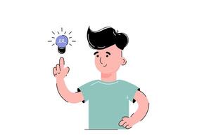 Guy and light bulb. The concept of the emergence of an idea. Isolated on white background. Trendy flat vector style.