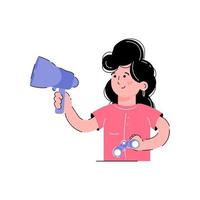 The girl holds a horn and binoculars in her hands. The concept of finding employees. Isolated on white background. Trendy flat vector style.