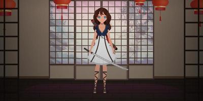 A girl with a katana in a white dress in the room of a Japanese house. Anime samurai woman. vector