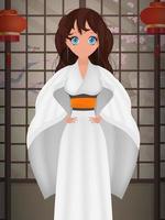 Women in a long white silk kimono, summer kimono, silk home clothes, bridesmaid wedding robes, natural robe. Cartoon style. Vector