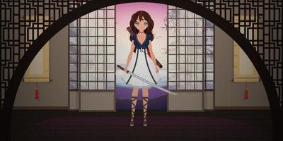 una chica con una katana con un vestido blanco en la habitación de una casa japonesa. anime mujer samurái. estilo de dibujos animados, ilustración vectorial. vector