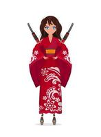 Women in a long red silk kimono, summer kimono, silk home clothes, bridesmaid wedding robes, natural robe. Isolated. Vector. vector