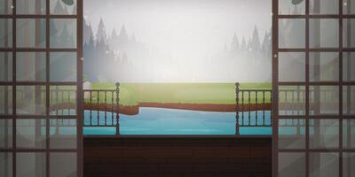 Landscape of a forest with a river in the morning near the house. View of the forest from the veranda of the villa. Cartoon style. Vector illustration