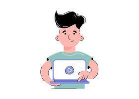 The guy is holding a laptop with a video in his hands. Isolated on white background. Trendy flat vector style.