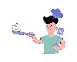 The guy is holding a frying pan with food in his hands. Chef concept. Isolated on white background. Trendy flat style. vector