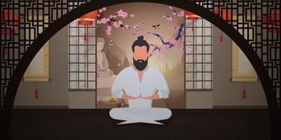 A monk meditates in a Japanese-style room. A samurai practicing meditation or yoga. Cartoon style. Vector illustration.