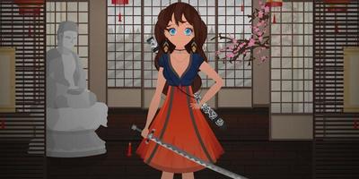 una chica con una katana vestida de azul y rojo se encuentra en una habitación japonesa. anime mujer samurái. estilo de dibujos animados