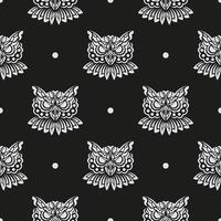 Black-white Seamless pattern owl face in boho style. Good for clothing and textiles. Vector