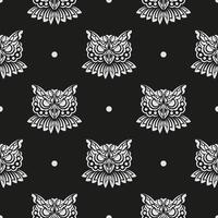 Black-white Seamless pattern owl face in boho style. Good for clothing and textiles. Vector