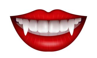 Vector Illustration with vampire mouth open red sexy lips and long teeth isolated on a white background.