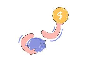 The hand is holding a coin and a piggy bank. Element for presentations, applications and sites. Trendy flat vector illustration.