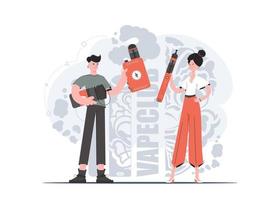 A woman and a man are holding an electronic cigarette in their hands. Trendy style with soft neutral colors. The concept of replacing cigarettes. Vector illustration.
