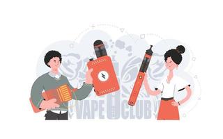 The girl and the guy are holding an electronic cigarette in their hands. Trendy style with soft neutral colors. The concept of vapor and vape. Vector illustration.