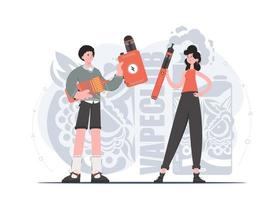 A woman and a man are holding an electronic cigarette in their hands. Flat style. The concept of replacing cigarettes. Vector illustration.