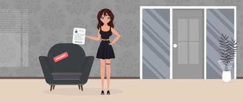 Girl shows on a vacant place. Cup in the shape of an office chair. The concept of open work. Vector. vector