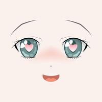 Happy anime face. Manga style big green eyes, little nose and kawaii mouth. Hand drawn vector illustration. Isolated on white.