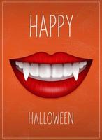 Female lips with vampire fangs and the inscription Happy Halloween on an orange background, vector illustration.
