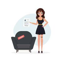 The girl is looking for an employee. Simple and trendy vector concept design. Friendly business woman standing next to a chair holding a vacant sign.
