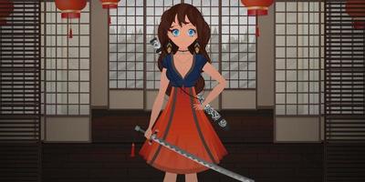 A girl with a katana in a blue and red dress stands in a Japanese room. Anime samurai woman. Cartoon style, vector illustration.