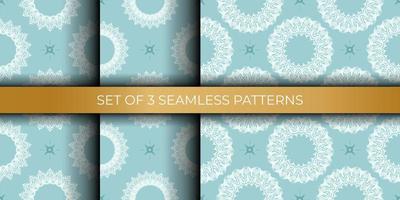 Set of oriental seamless vector backgrounds in baby blue color. Wallpaper in a baroque style pattern. Ornament for wallpaper, fabric, packaging and paper. Vector illustration.