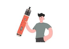 The guy holds in his hands a system for vaping. Flat style. Isolated on white background. Vector illustration.