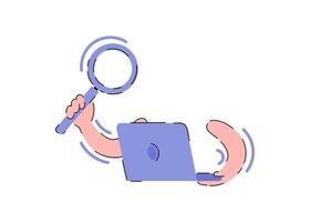 Hands hold a magnifying glass and a laptop. Search concept concept. Element for presentations, applications and sites. Trendy flat vector illustration.