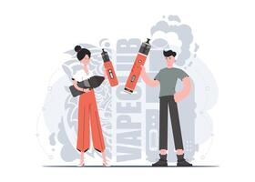 A girl and a guy are holding a vaping system in their hands. Trendy style with soft neutral colors. The concept of vapor and vape. Vector illustration.