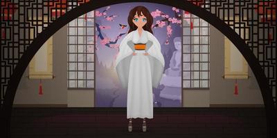 Women in a long white silk kimono, summer kimono, silk home clothes, bridesmaid wedding robes, natural robe. Cartoon style. Vector illustration.