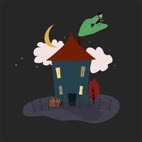 casa espeluznante con bruja voladora y árboles espeluznantes en estilo de dibujos animados, tarjeta de Halloween vector