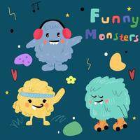 set of cute little monsters, furry and funny yeti in flat cartoon style vector