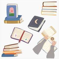 pilas de libros, libros de texto y enciclopedias. ambientado para los amantes de los libros. abrió viejos libros y marcadores. manos sosteniendo un libro y un diario. ilustración vectorial colorida en estilo plano, estilo de dibujos animados vector