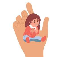 A small child in the hand of a big man. Childhood protection, the concept of the influence of people on children. vector