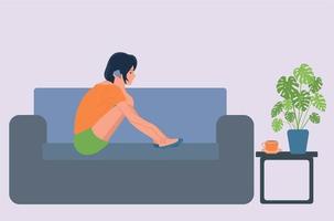 The girl is talking on the phone, sitting in the room on the couch. vector