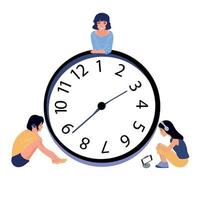 la gente pasa su tiempo haciendo negocios. gran reloj mecanico. apúrate, corre o relájate. vector