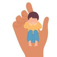 un niño pequeño en la mano de un hombre grande. protección de la infancia, el concepto de la influencia de las personas en los niños. vector