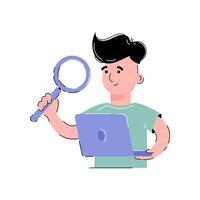 The guy holds a magnifying glass and a laptop in his hands. Information search concept. Isolated on white background. Trendy flat style. vector
