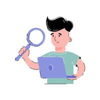 The guy holds a magnifying glass and a laptop in his hands. Information search concept. Isolated on white background. Trendy flat vector style.